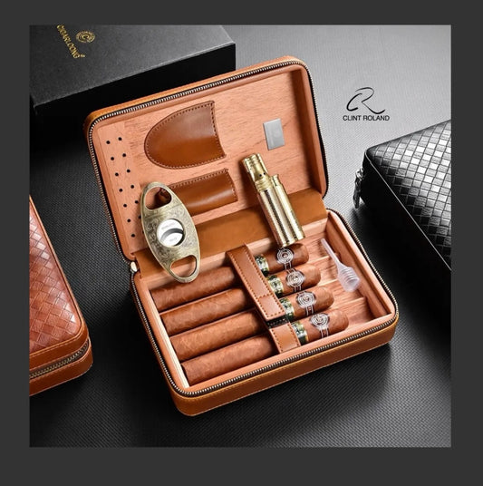 Classical Woven Leather and Cedar wood Portable Cigar Humidor